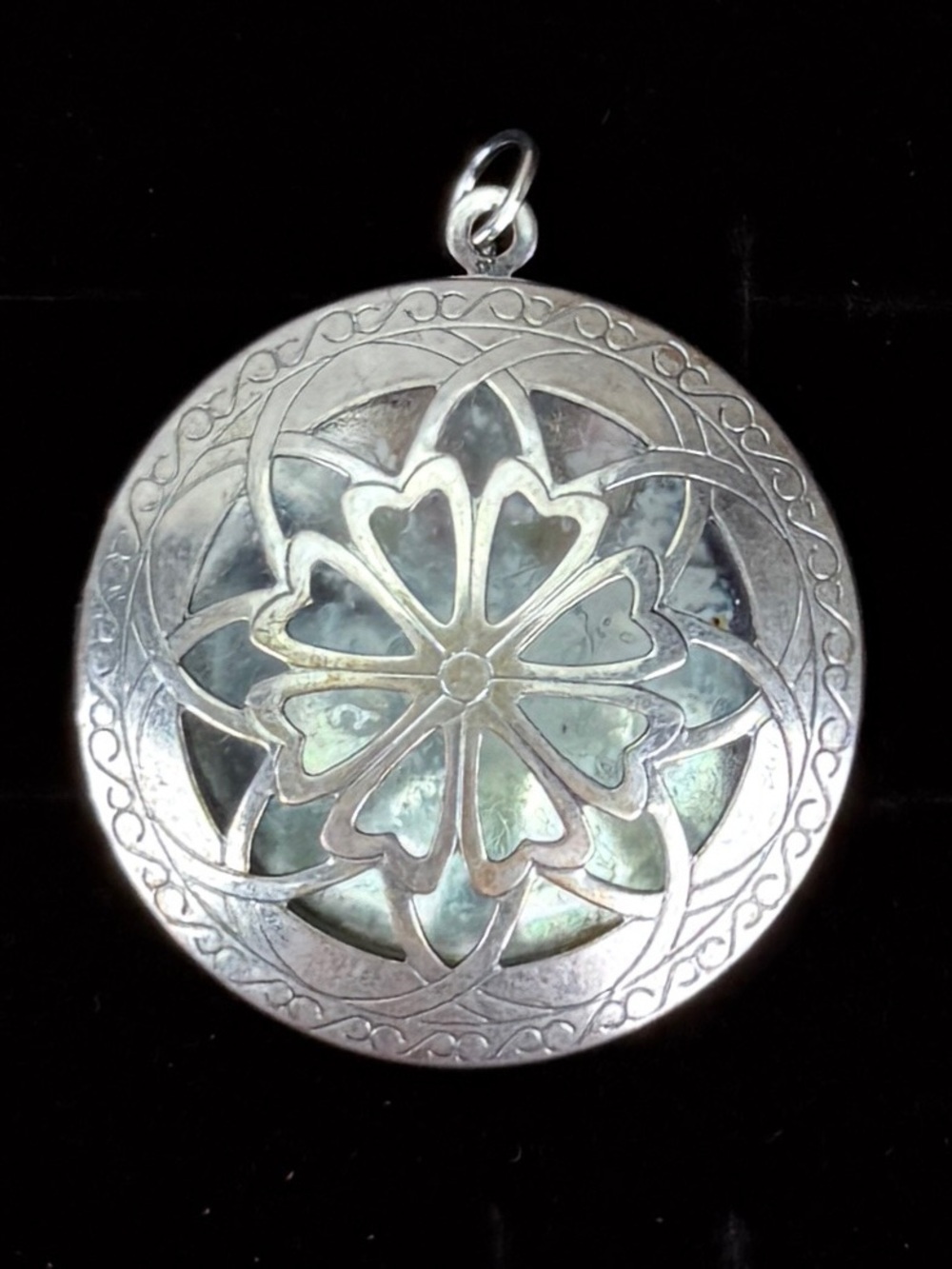 Vintage silvertone aged cutout locket pendant + Free 16” cord necklace